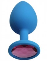Голубая анальная пробка с розовым кристаллом - 8,4 см.