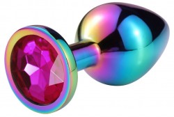 Разноцветная гладкая анальная пробка с розовым кристаллом - 6,8 см.