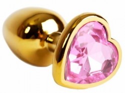 Золотистая анальная пробка с нежно-розовым кристаллом в форме сердца - 6 см.