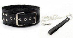 Черный ошейник с меховой подкладкой и поводком Черный ошейник с меховой подкладкой и поводком