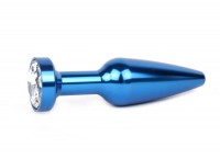 Удлиненная коническая гладкая синяя анальная втулка с прозрачным кристаллом - 11,3 см.