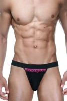 Черные трусы-танга с розовой рюшей La Blinque