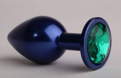 Синяя анальная пробка с зеленым кристаллом - 6,9 см.