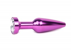 Удлиненная коническая гладкая фиолетовая анальная втулка с прозрачным кристаллом - 11,3 см.