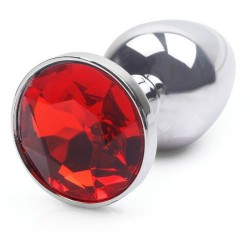 Серебристая анальная пробка с красным кристаллом 7 см.