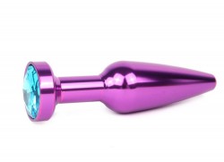 Удлиненная коническая гладкая фиолетовая анальная втулка с голубым кристаллом - 11,3 см.