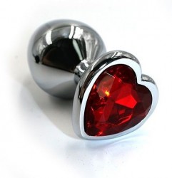 Серебристая алюминиевая анальная пробка с красным кристаллом-сердцем - 6 см.