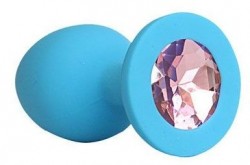 Голубая силиконовая анальная пробка с нежно-розовым кристаллом - 9,5 см.