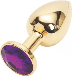 Золотистая анальная пробка с фиолетовым кристаллом размера S - 7 см.