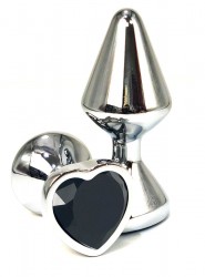 Серебристая анальная пробка с черным кристаллом-сердцем - 8 см.