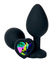 Черная силиконовая пробка с разноцветным кристаллом-сердечком - 9,5 см.
