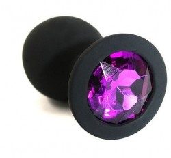Чёрная силиконовая анальная пробка с темно-фиолетовым кристаллом - 7 см.
