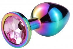 Разноцветная гладкая анальная пробка с нежно-розовым кристаллом - 7,5 см.