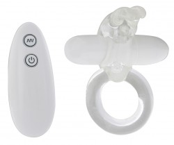 Белое эрекционное кольцо с клиторальным стимулятором и вибратором