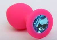 Розовая анальная втулка с голубым кристаллом - 7,3 см.