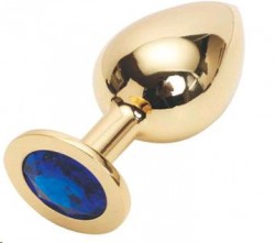 Золотистая анальная пробка Golden Plug Large с синим кристаллом - 9,5 см.