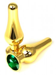Золотистая удлиненная анальная пробка с зеленым кристаллом - 11,5 см.