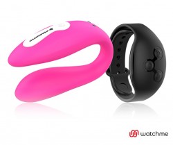 Розовый вибратор для пар с черным пультом-часами Weatwatch Dual Pleasure Vibe