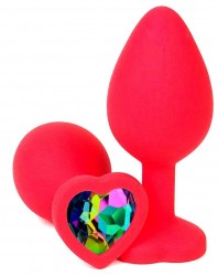 Красная силиконовая пробка с разноцветным кристаллом-сердечком - 8 см.