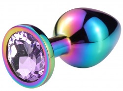 Разноцветная анальная пробка с сиреневым кристаллом - 6,8 см.