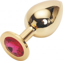 Золотая анальная пробка Golden Plug Large с рубиновым кристаллом - 9,5 см.