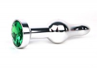 Удлиненная шарикообразная серебристая анальная втулка с зеленым кристаллом - 10,3 см.