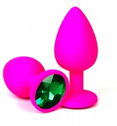 Розовая силиконовая пробка с зеленым кристаллом - 8,5 см.