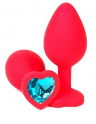 Красная силиконовая анальная пробка с голубым стразом-сердцем - 10,5 см.