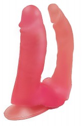 Двойной розовый фаллоимитатор на присоске - 15 см. Двойной розовый фаллоимитатор на присоске - 15 см.