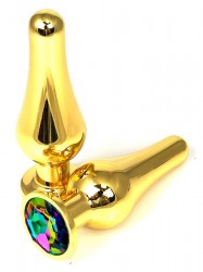 Золотистая удлиненная анальная пробка с разноцветным кристаллом - 8 см.