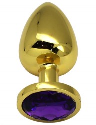 Золотистая анальная пробка с фиолетовым кристаллом - 9 см.