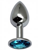 Серебристая анальная пробка с голубым стразом - 7 см.
