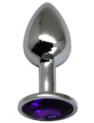 Серебристая анальная втулка с фиолетовым стразом - 7 см.