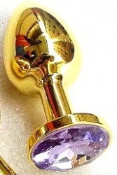 Золотая анальная пробка Golden Plug Small со светло-сиреневым кристаллом